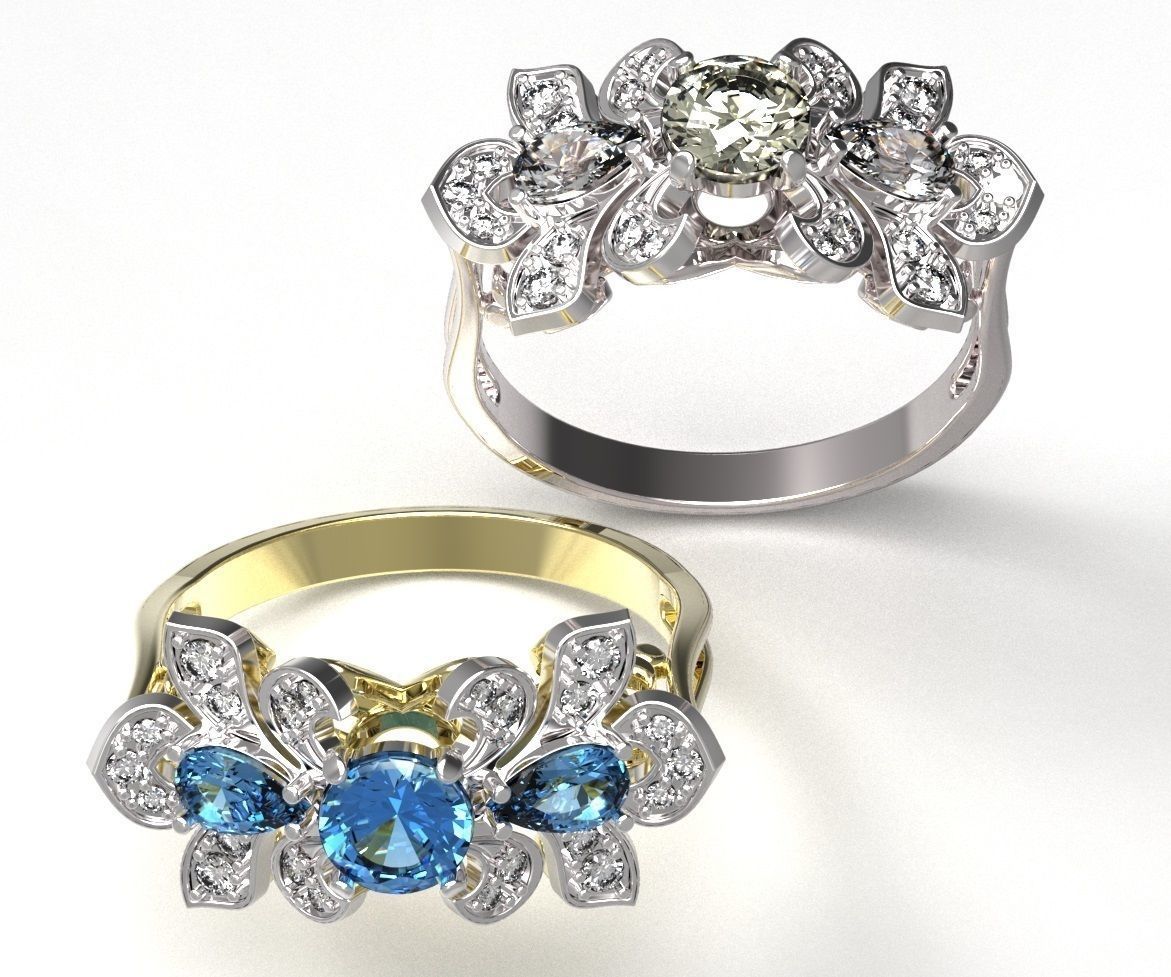 Ring sapphire and diamond gold 3D print model_1