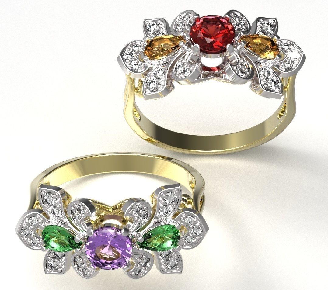 Ring sapphire and diamond gold 3D print model_2