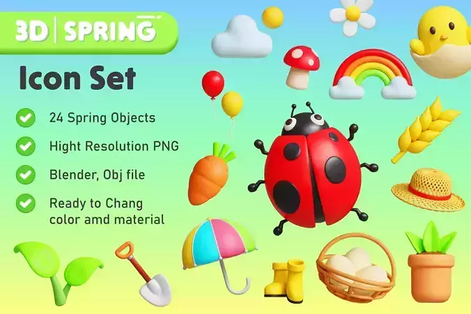 Spring 3D icon pack Low-poly 3D model