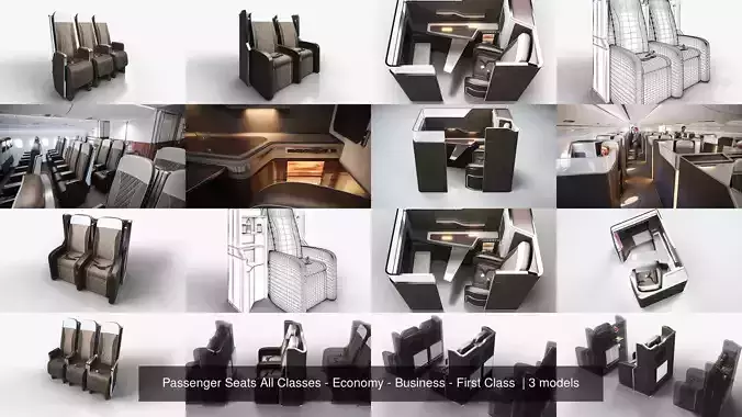 Passenger Seats All Classes - Economy - Business - First Class  3D Model Collection