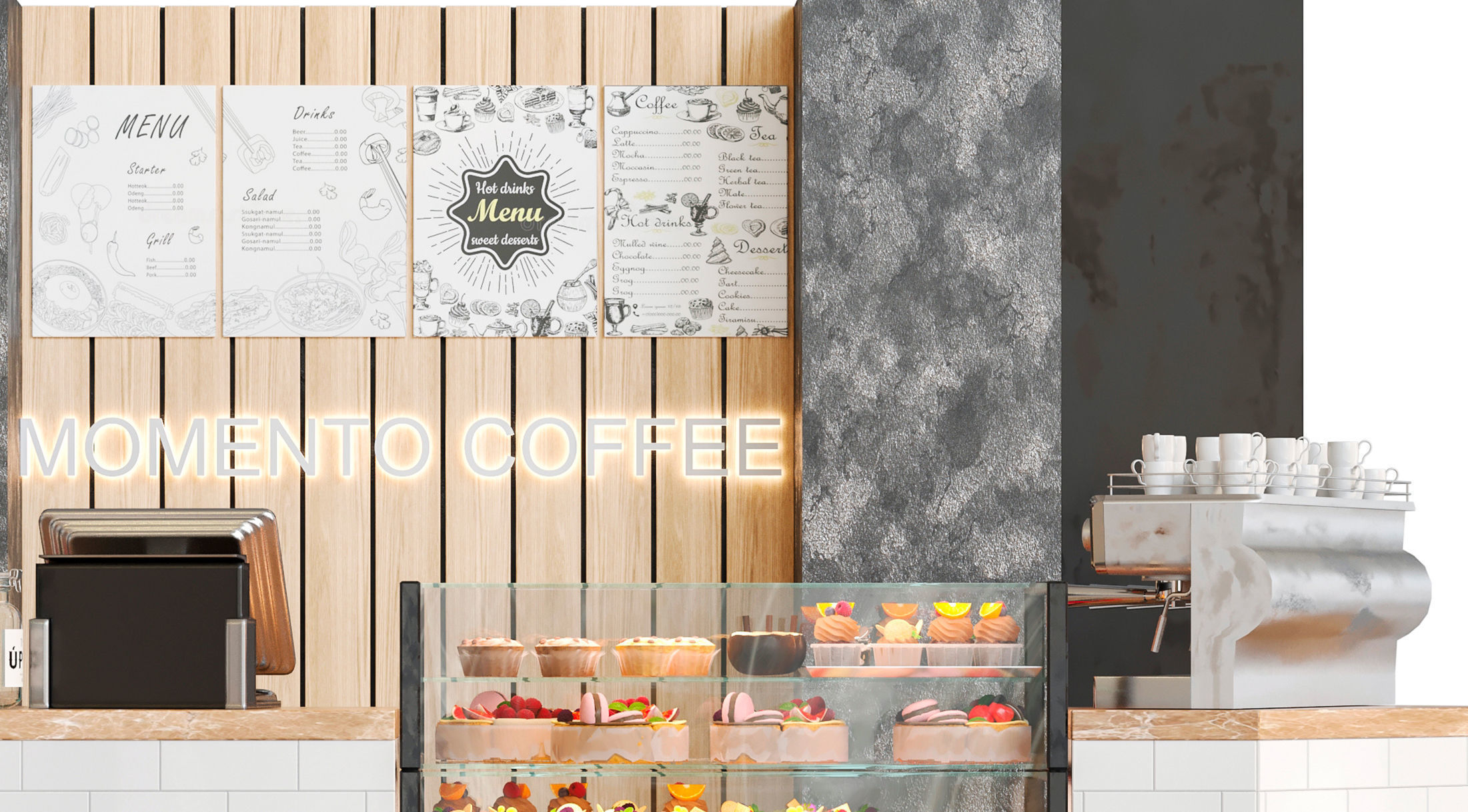 Coffee point in loft style with desserts and coffee machine 3D model_4