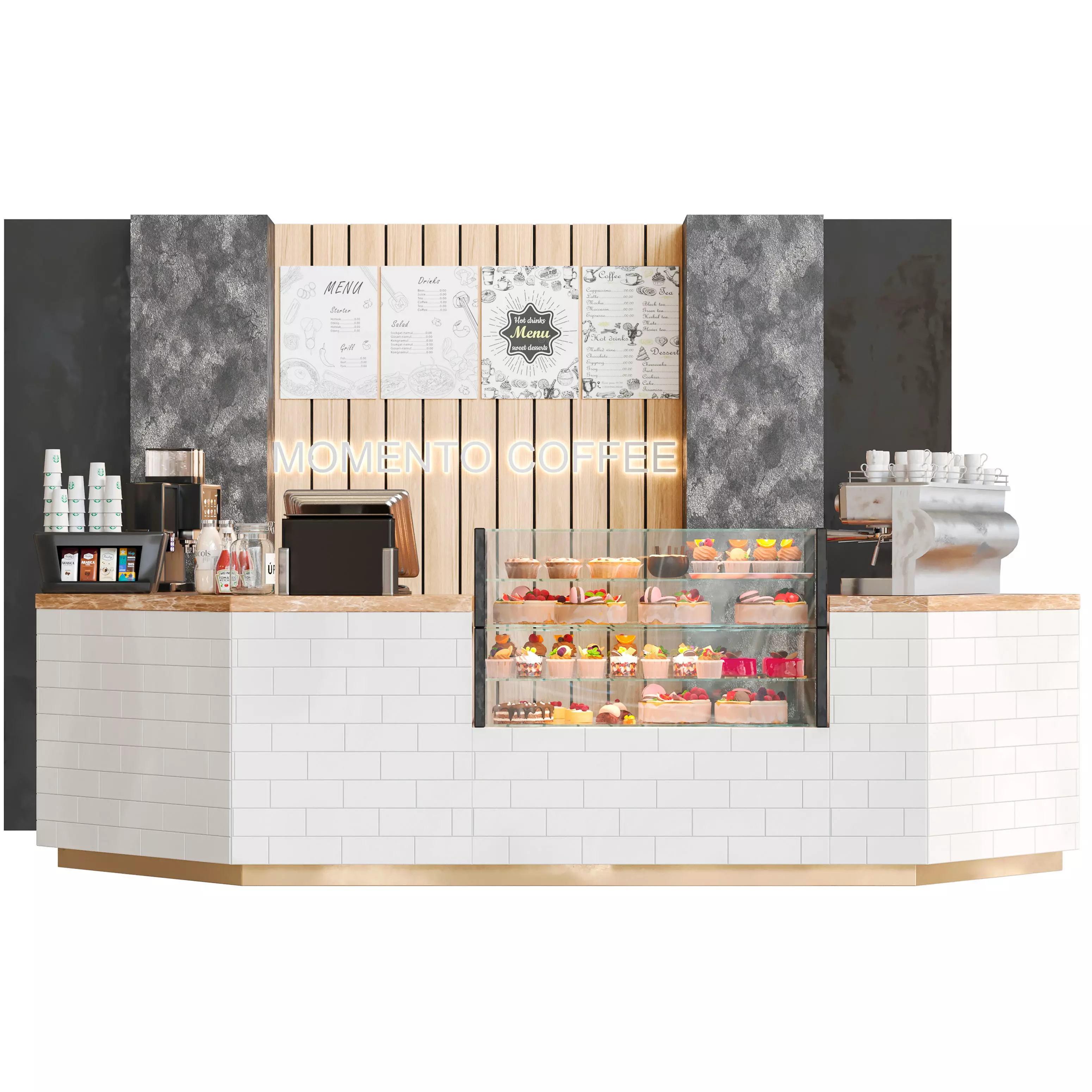 Coffee point in loft style with desserts and coffee machine 3D model_0