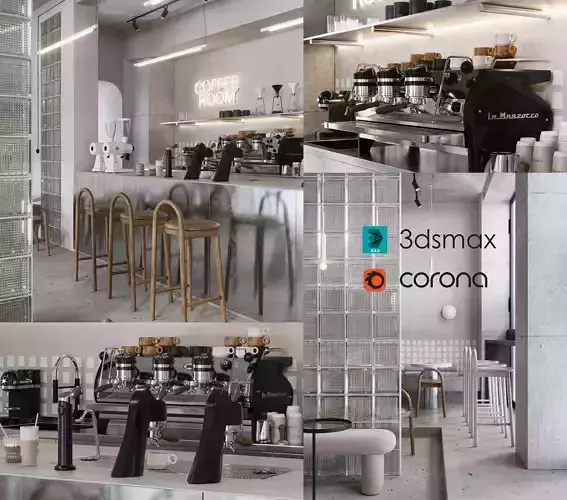 Coffee Shop Scene Interior Furnished Equipment for 3DsMax  3D model