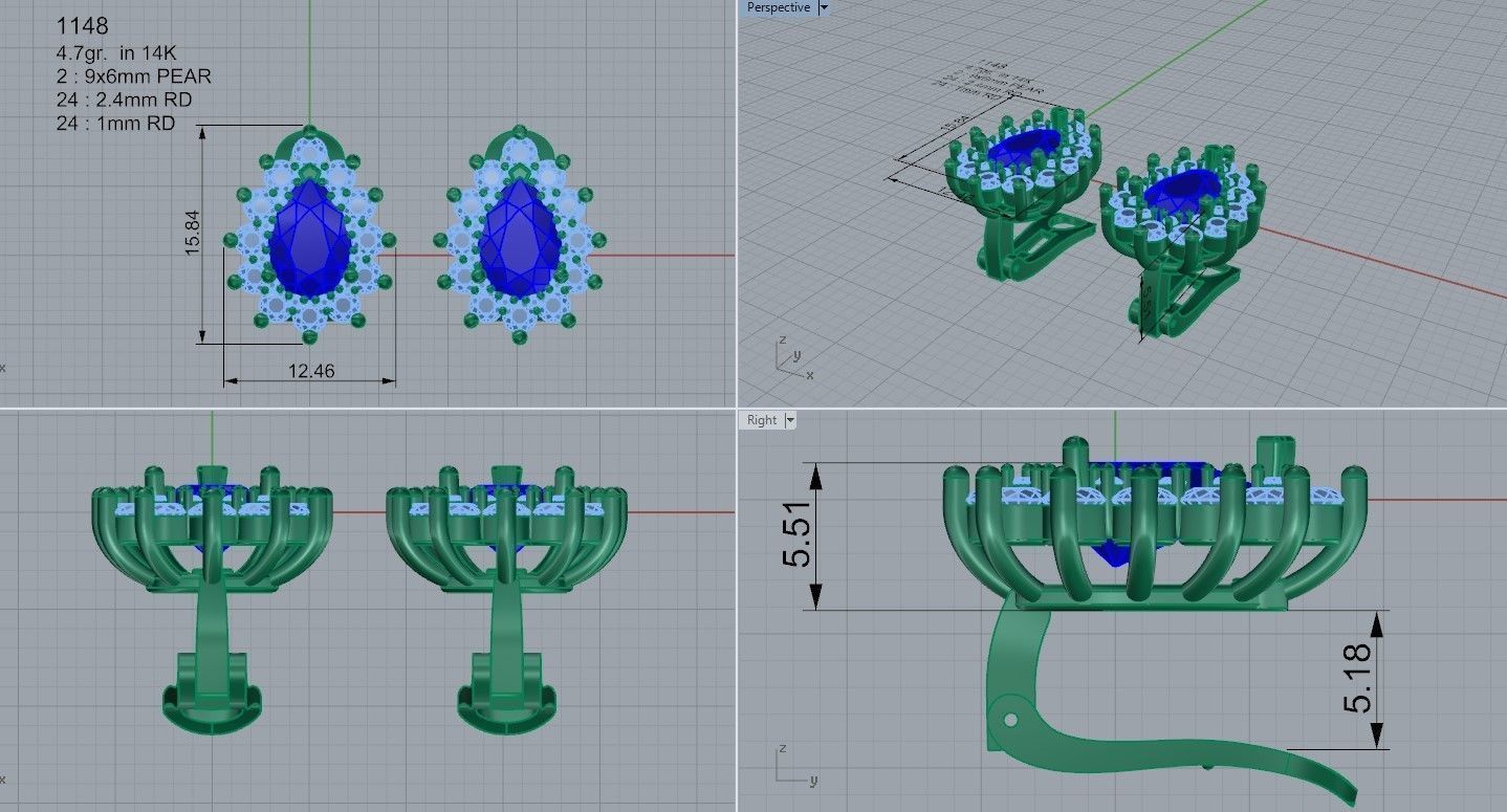 Pear Cluster Clip On Earring 1149 3D print model_4