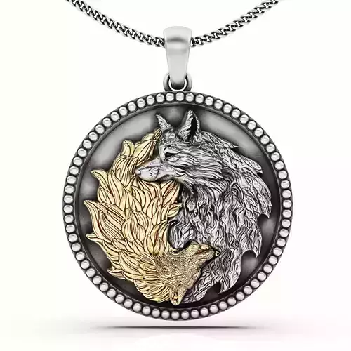 wolf and fox pendant silver gold jewelry printable 3d model