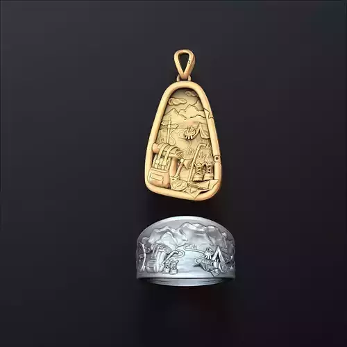 Traveller Hiking Pendant Ring Set 3D print model