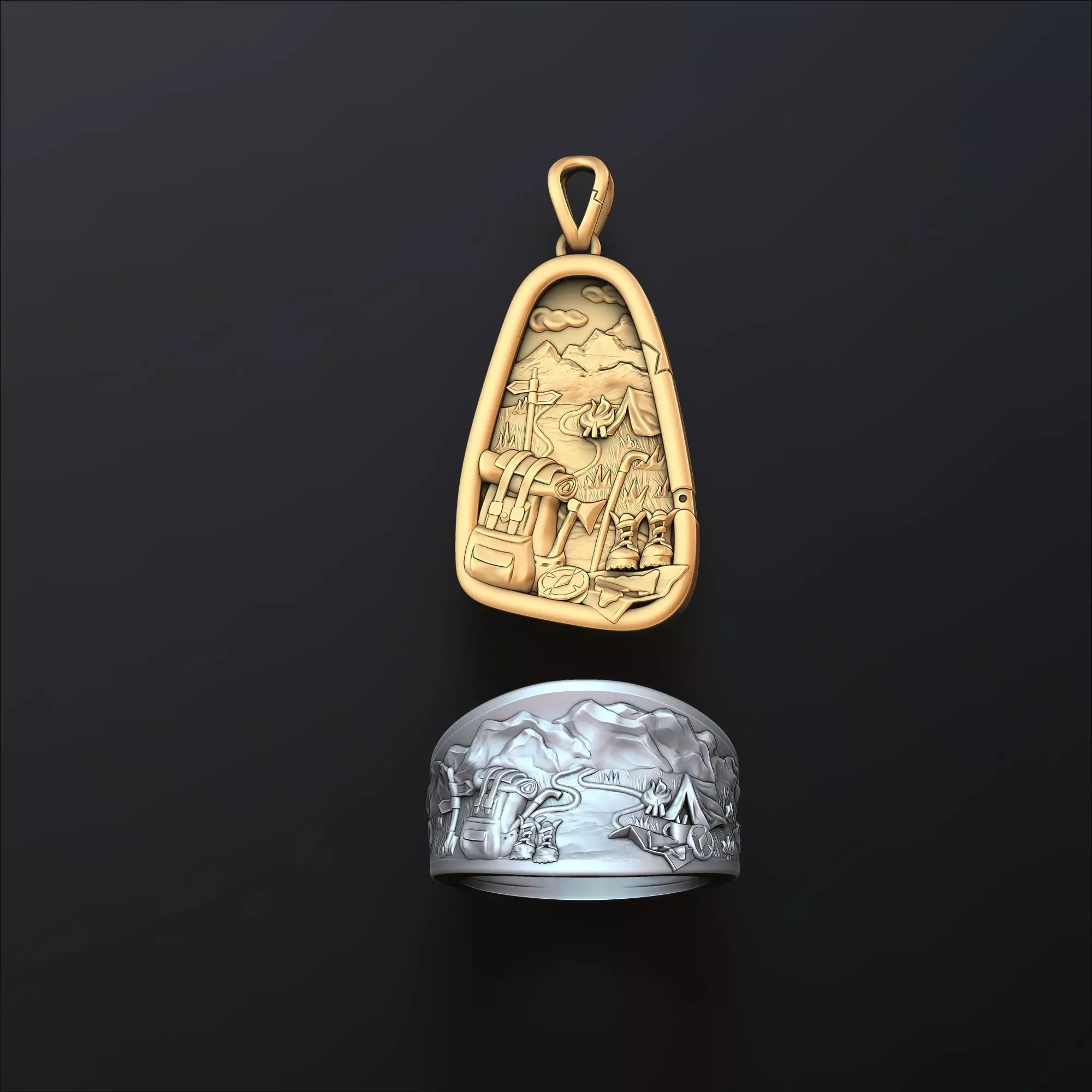 Traveller Hiking Pendant Ring Set 3D print model_0