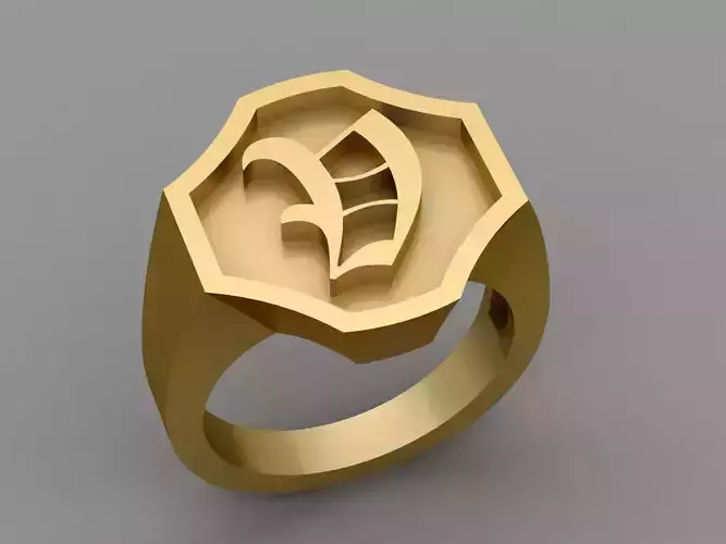 V Letter Classy Solid 14K Gold Name Initial Signet Ring Mens