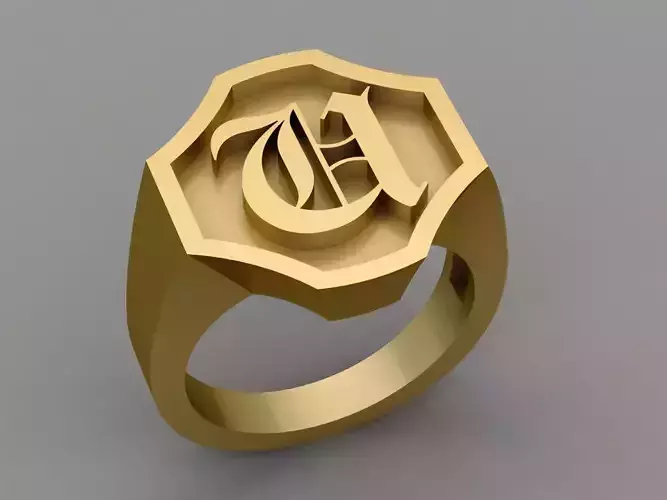 U Letter Classy Solid 14K Gold Name Initial Signet Ring Mens