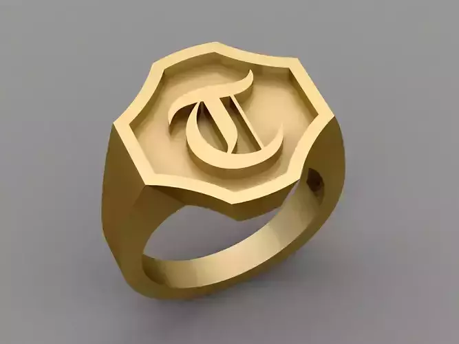 T Letter Classy Solid 14K Gold Name Initial Signet Ring Mens