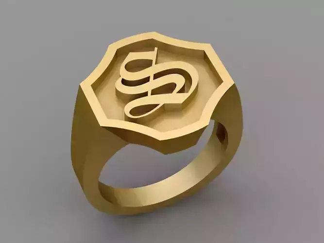 S Letter Classy Solid 14K Gold Name Initial Signet Ring Mens