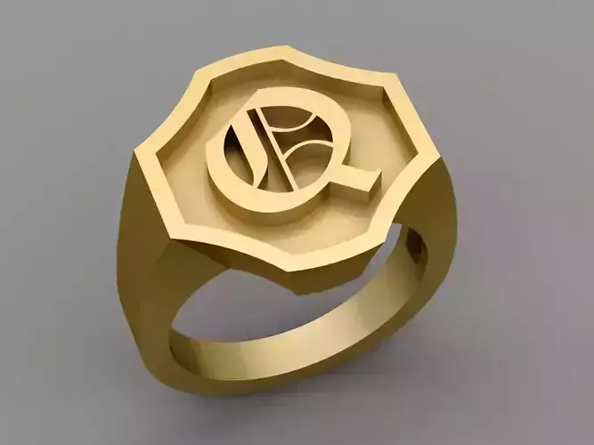 Q Letter Classy Solid 14K Gold Name Initial Signet Ring Mens