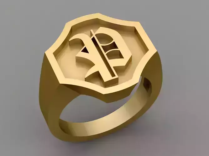 P Letter Classy Solid 14K Gold Name Initial Signet Ring Mens