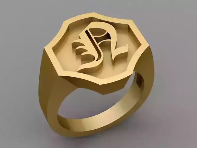 N Letter Classy Solid 14K Gold Name Initial Signet Ring Mens