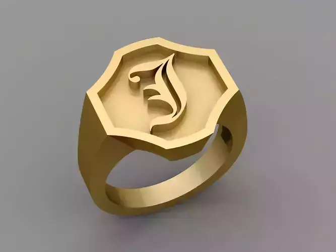 J Letter Classy Solid 14K Gold Name Initial Signet Ring Mens