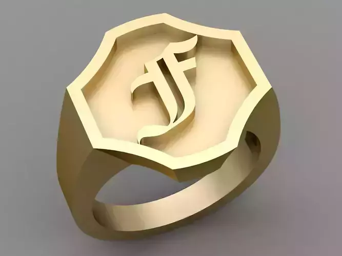 F Letter Classy Solid 14K Gold Name Initial Signet Ring Mens