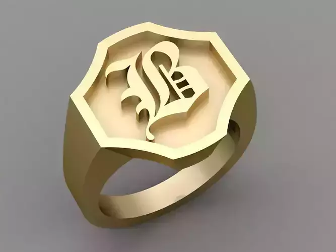 B Letter Classy Solid 14K Gold Name Initial Signet Ring Mens