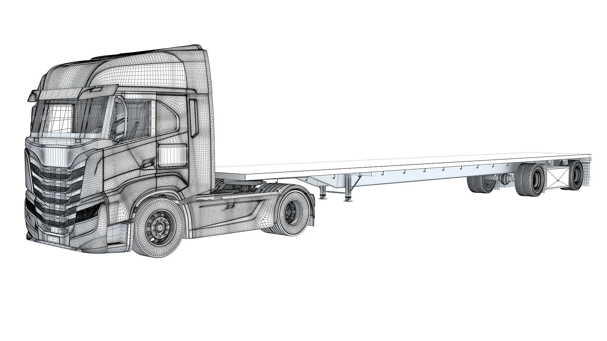 Semi Truck with Flatbed Trailer 3D model_17