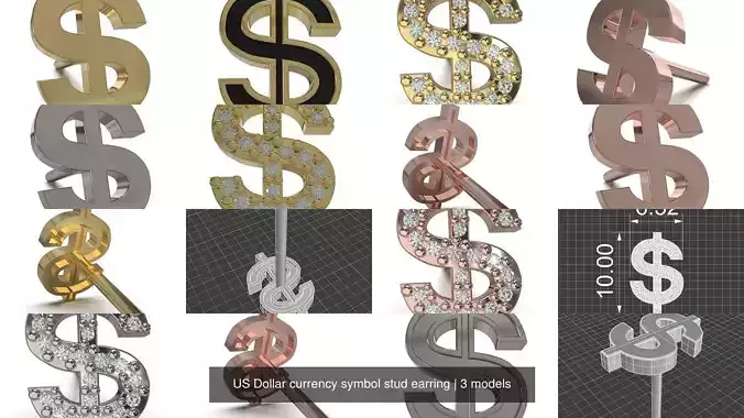 US Dollar currency symbol stud earring 3D Model Collection