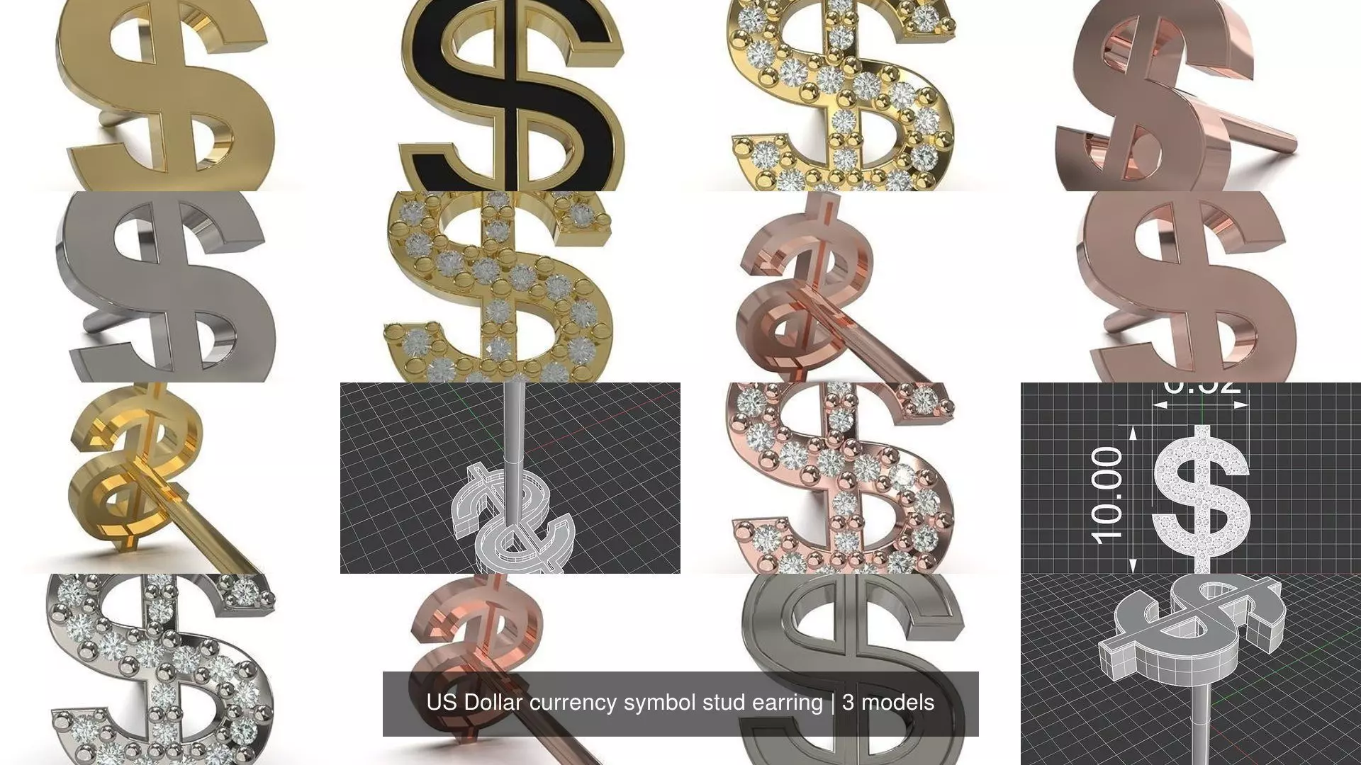 US Dollar currency symbol stud earring 3D Model Collection_0