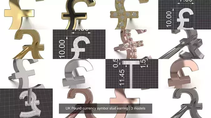 UK Pound currency symbol stud earring 3D Model Collection