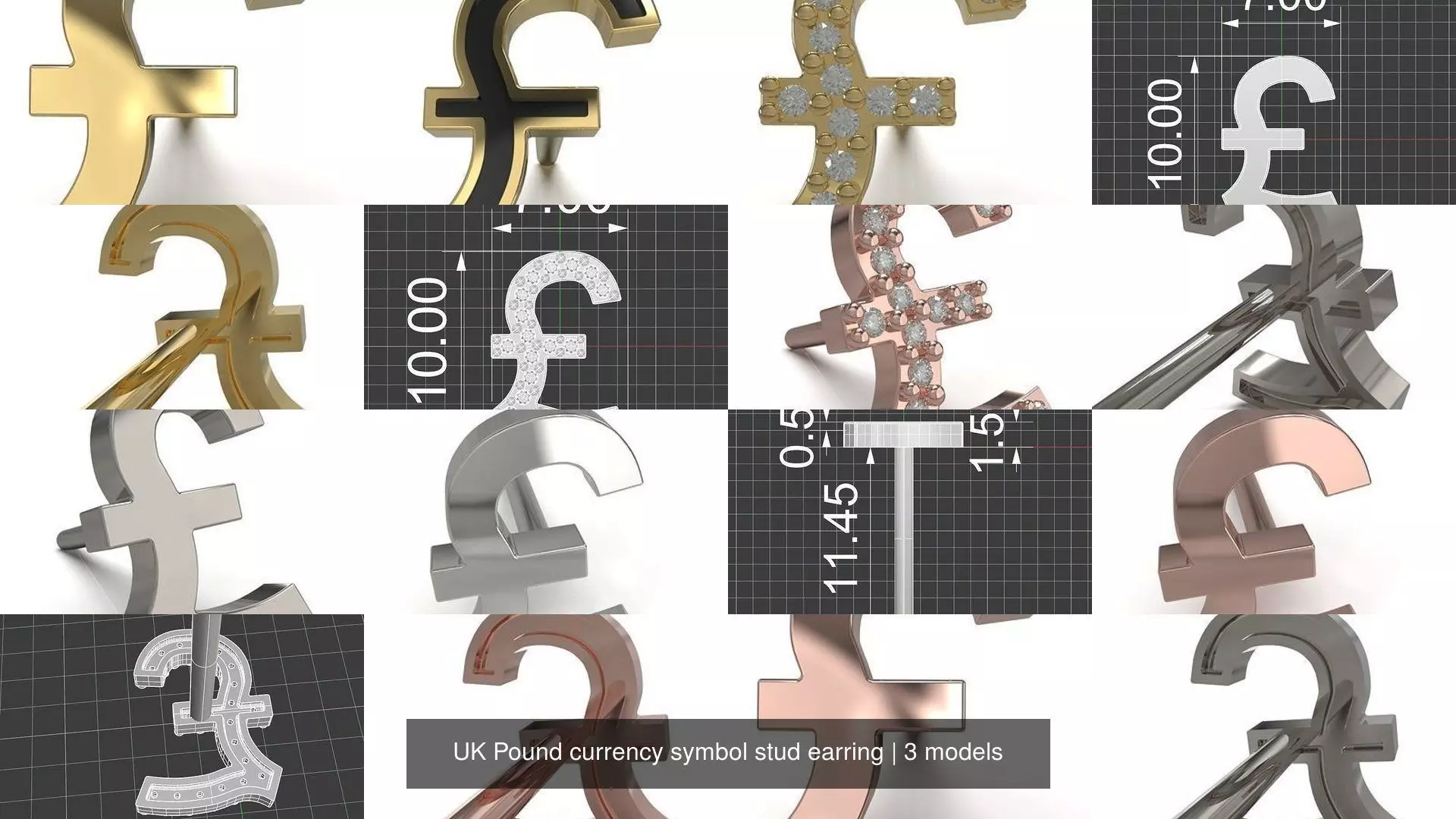 UK Pound currency symbol stud earring 3D Model Collection_0