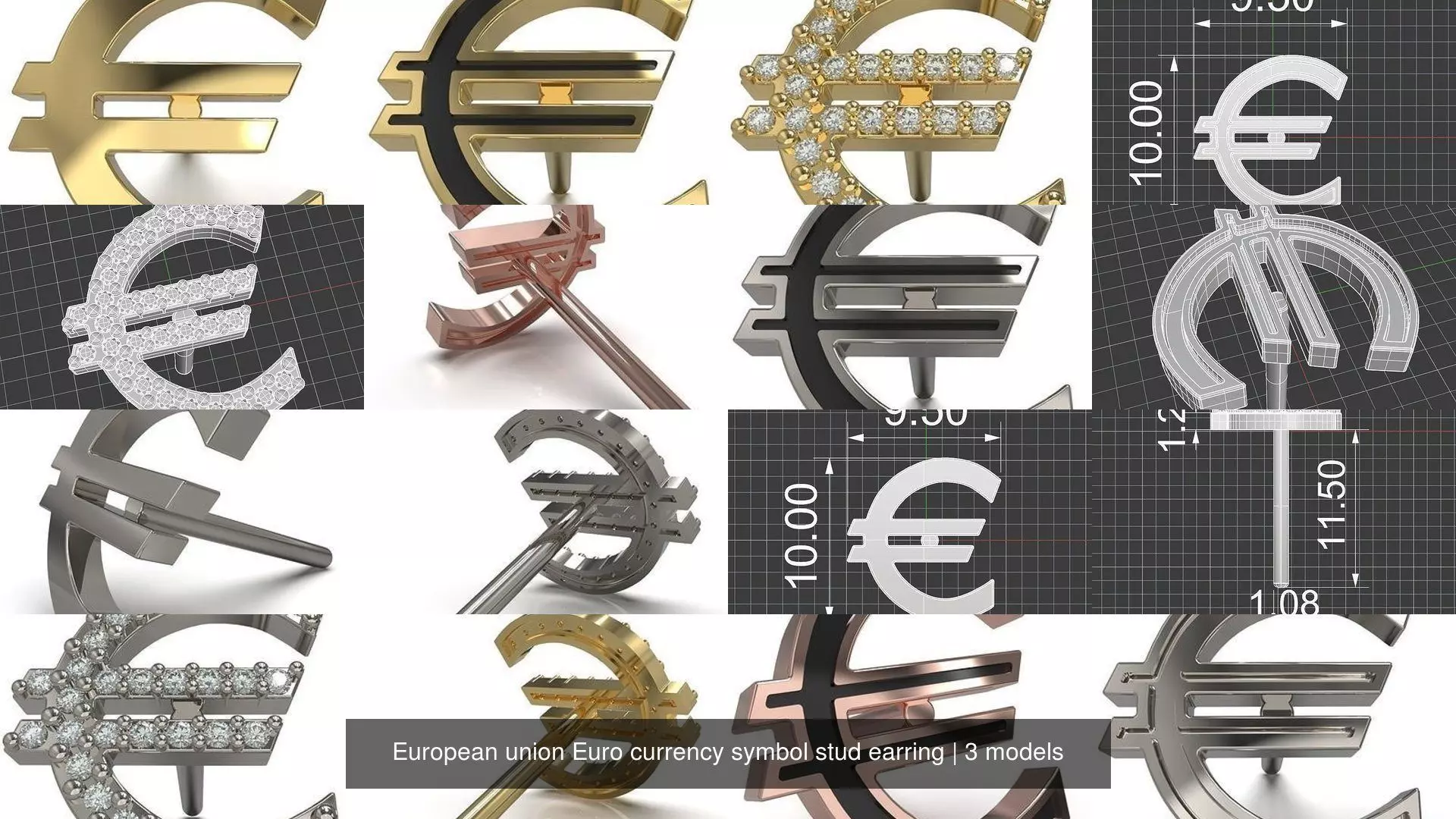 European union Euro currency symbol stud earring 3D Model Collection_0