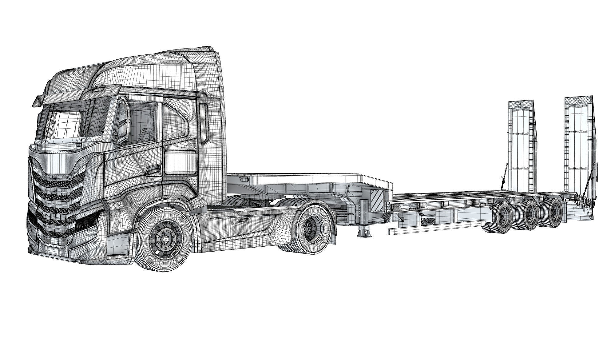 Truck with Platform Trailer 3D model_17
