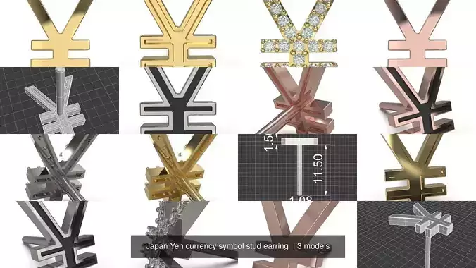Japan Yen currency symbol stud earring  3D Model Collection