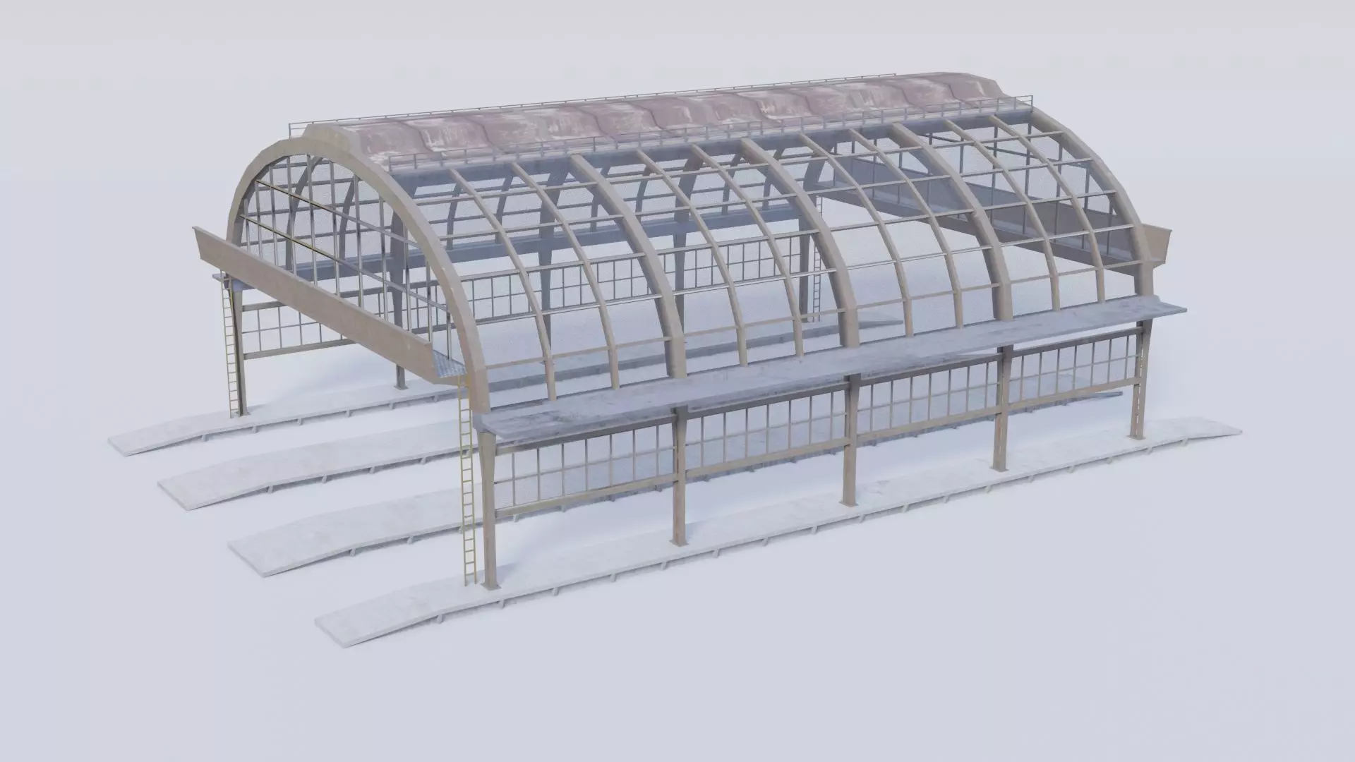 Train platform hall in girder and truss construction Low-poly 3D model