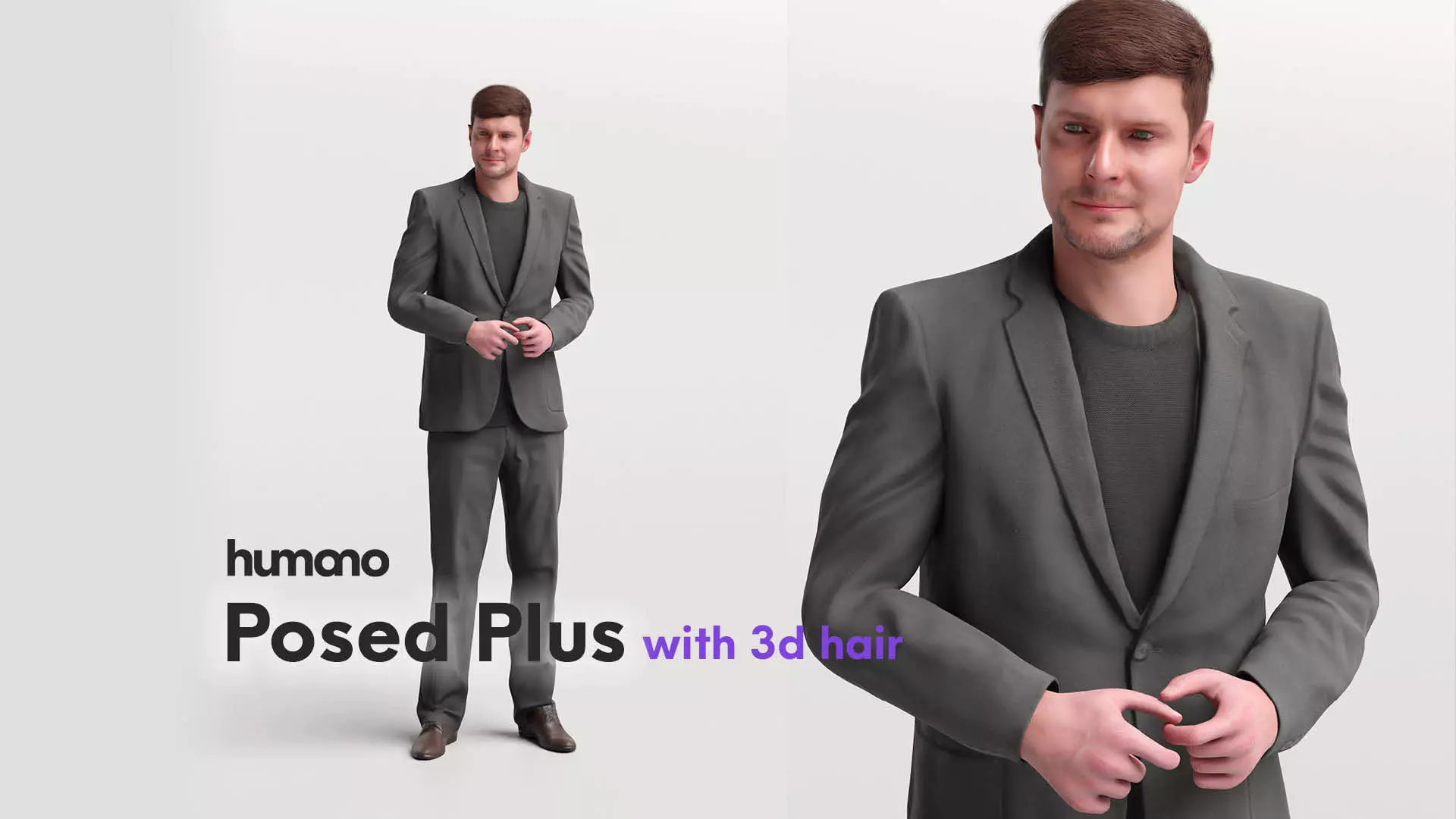 Humano standing elegant man in suit - with 3d hair -2572-A 3D model_0