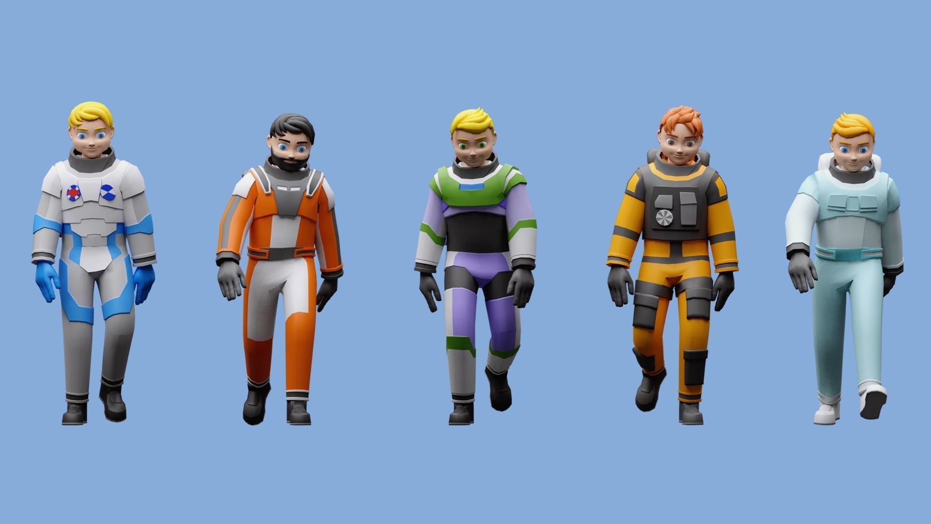 Cartoon characters astronauts Low-poly 3D model_4