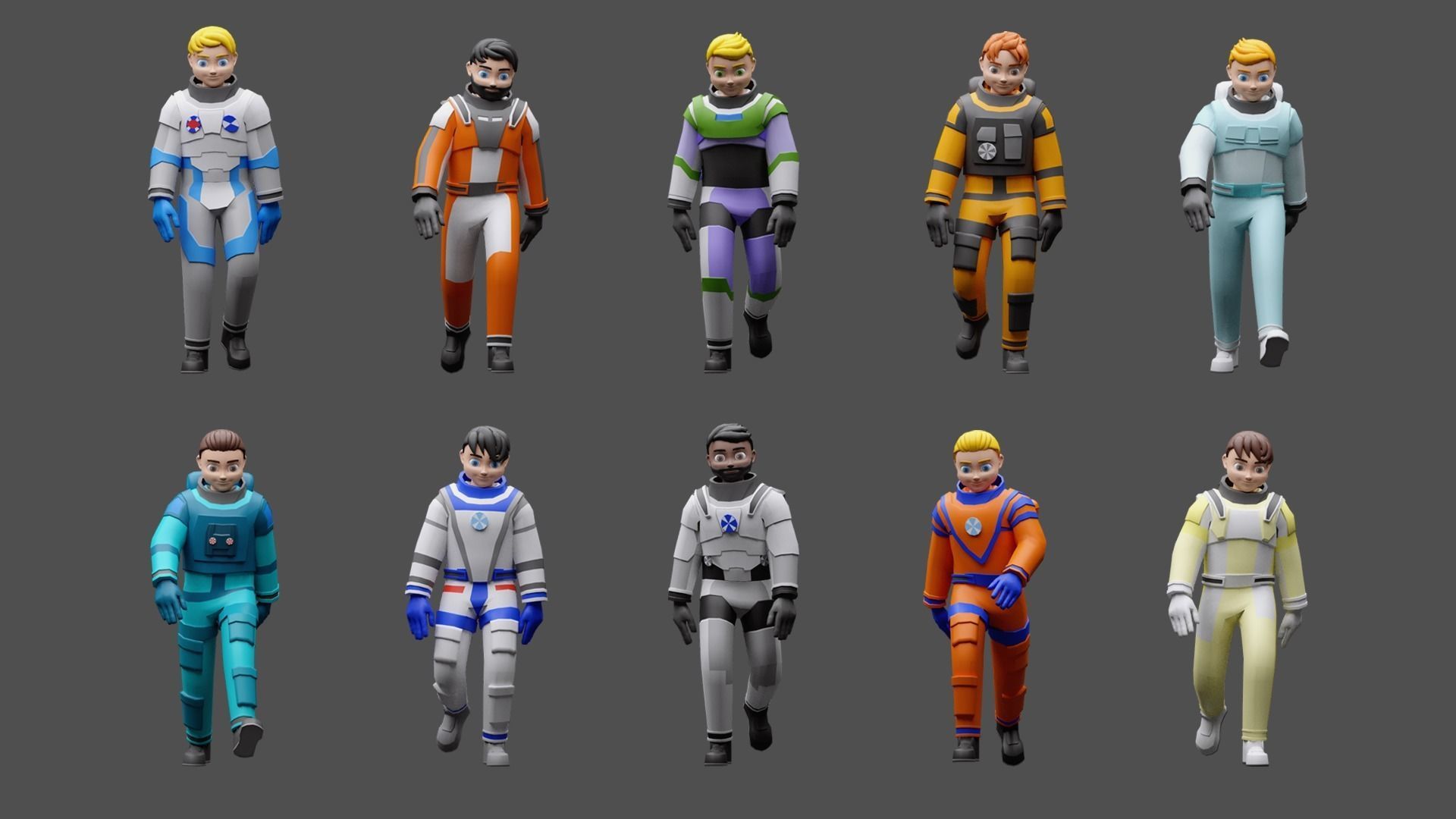 Cartoon characters astronauts Low-poly 3D model_2