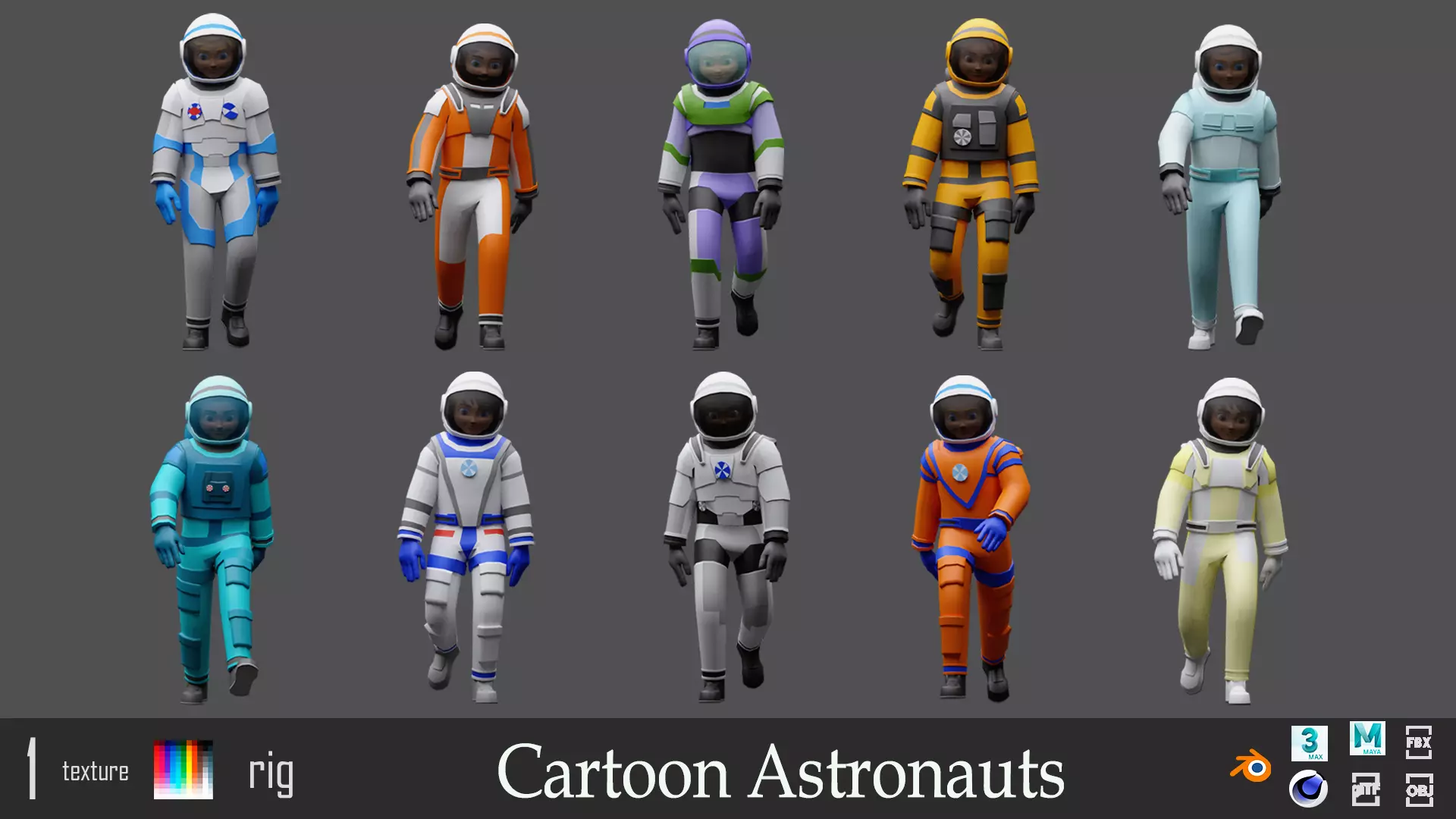 Cartoon characters astronauts Low-poly 3D model_0