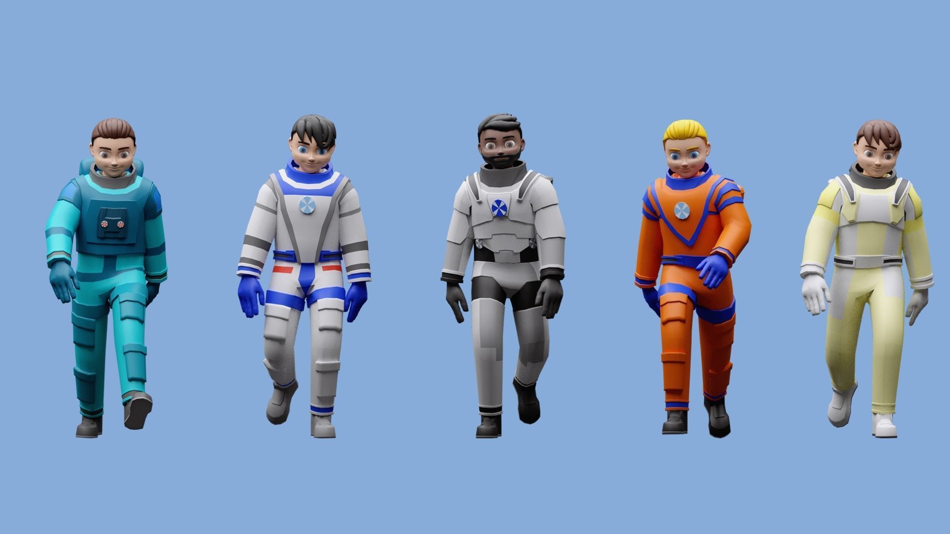 Cartoon characters astronauts Low-poly 3D model_5