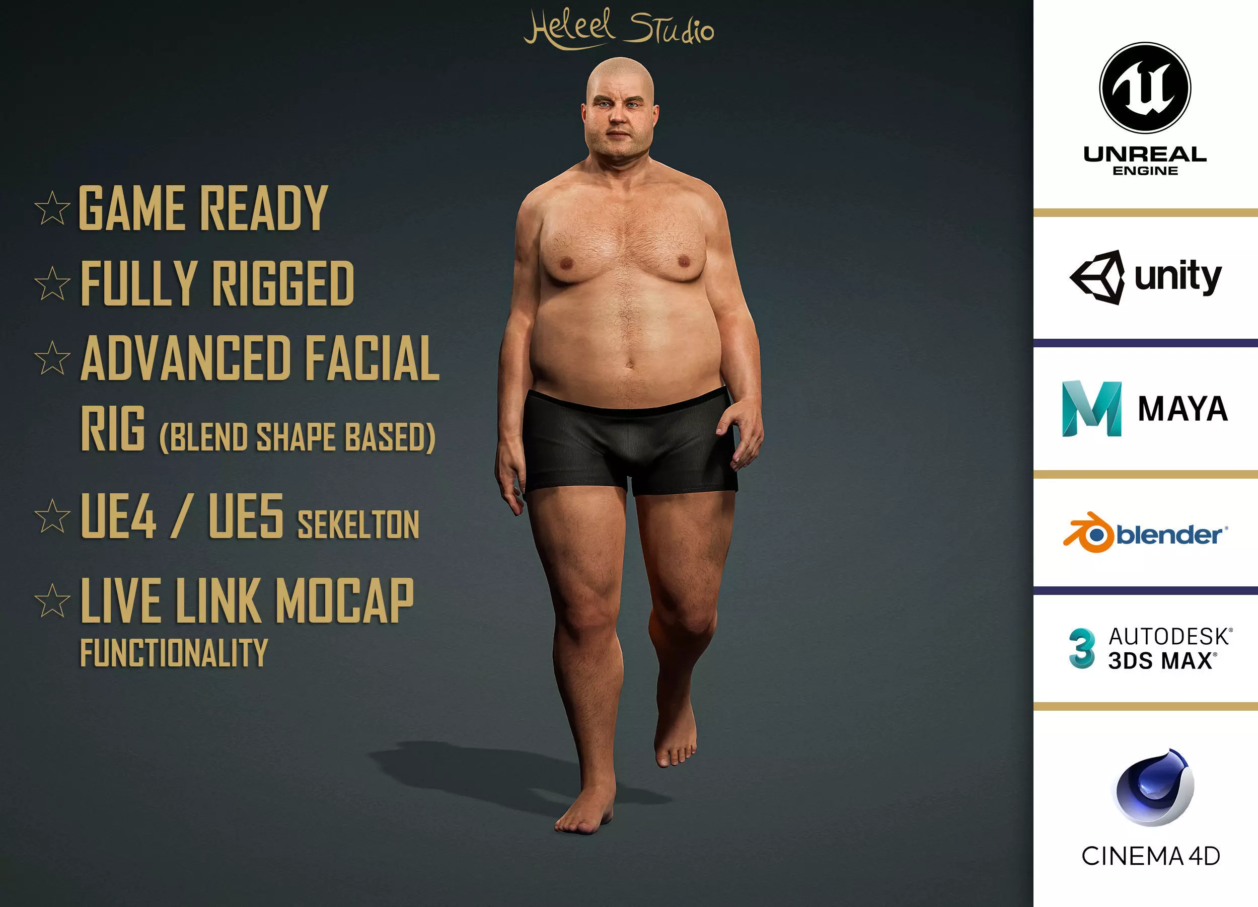 High Quality Realistic Male Base Mesh Overweight -Fully Rigged- Low-poly 3D model_0