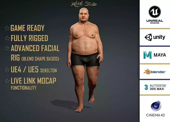 High Quality Realistic Male Base Mesh Overweight -Fully Rigged- Low-poly 3D model