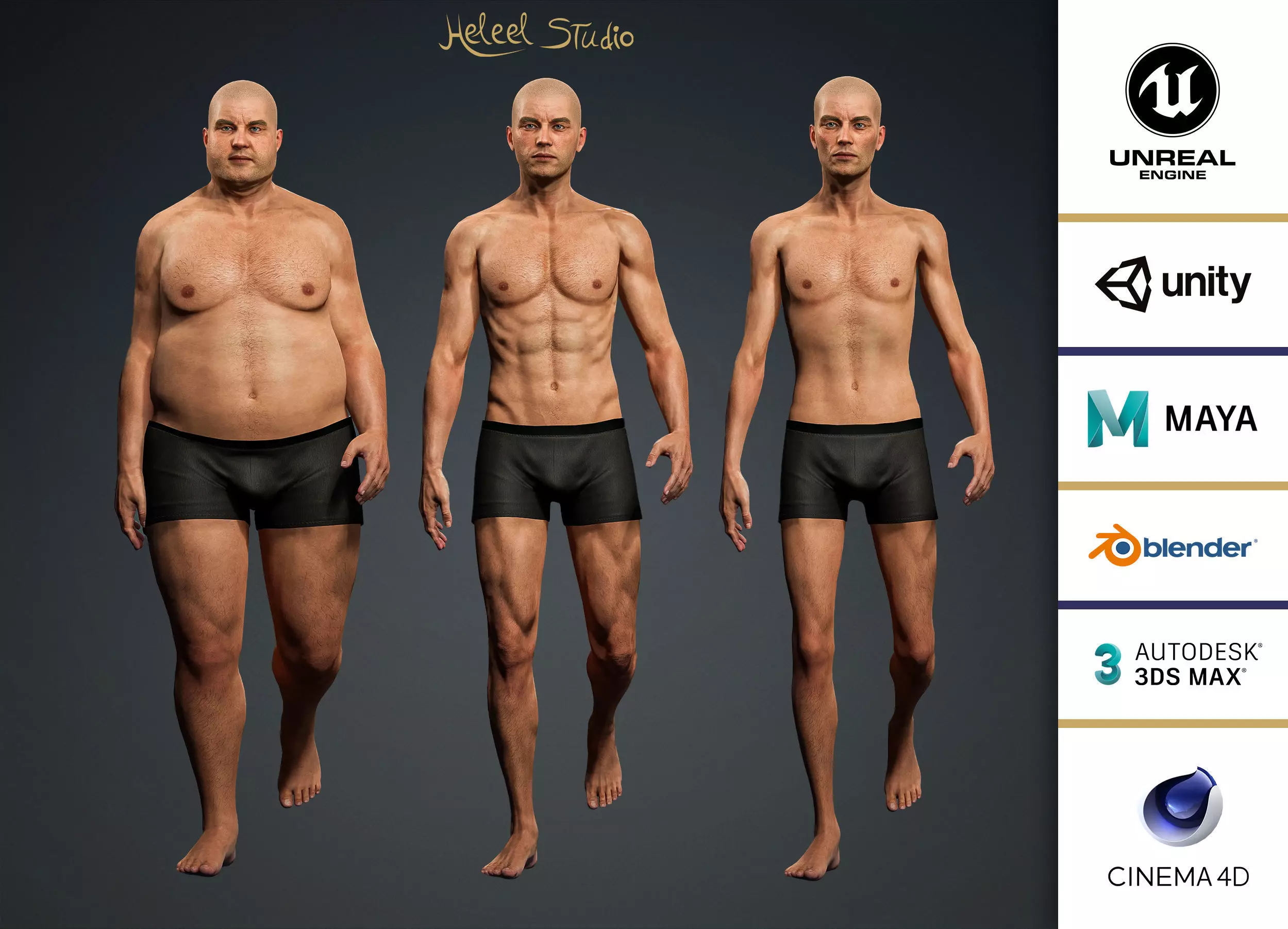 High Quality 3 Realistic Male Base Meshes -Fully Rigged- 3D Model Collection_0