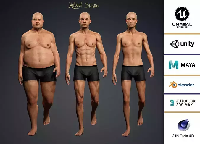 High Quality 3 Realistic Male Base Meshes -Fully Rigged- 3D Model Collection