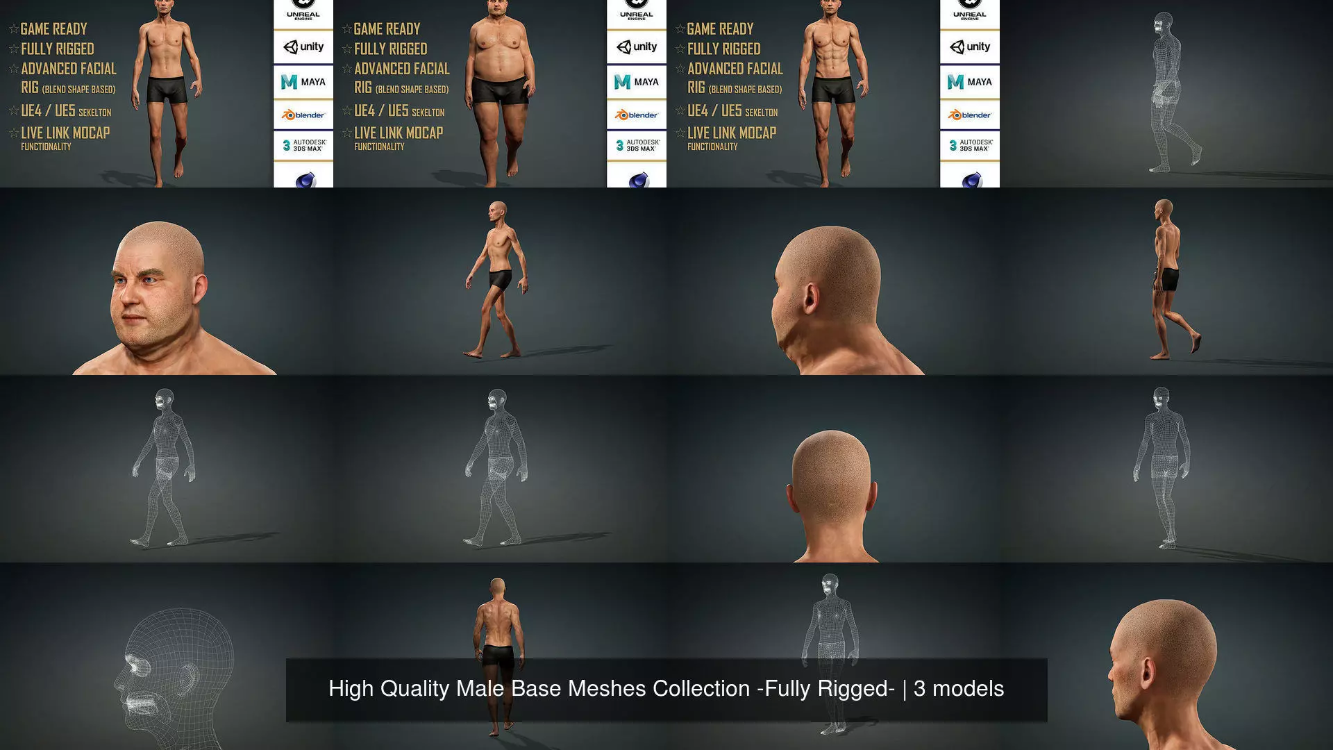 High Quality 3 Realistic Male Base Meshes -Fully Rigged- 3D Model Collection_2