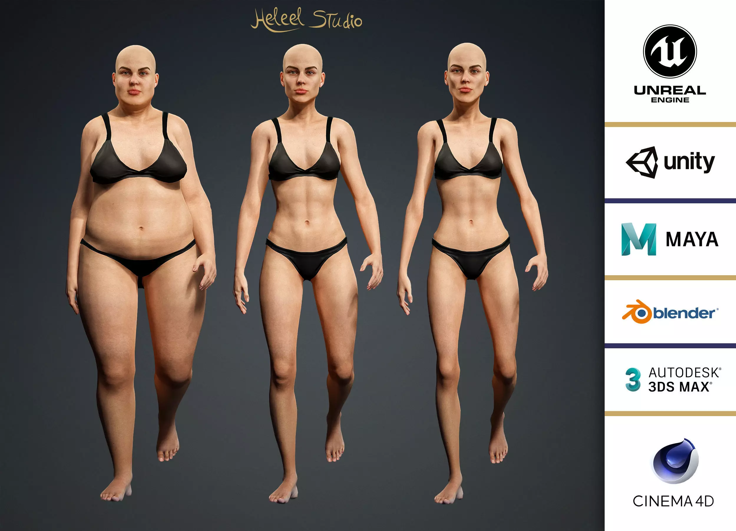 High Quality Realistic 3 Female Base Meshes -Fully Rigged- 3D Model Collection_0