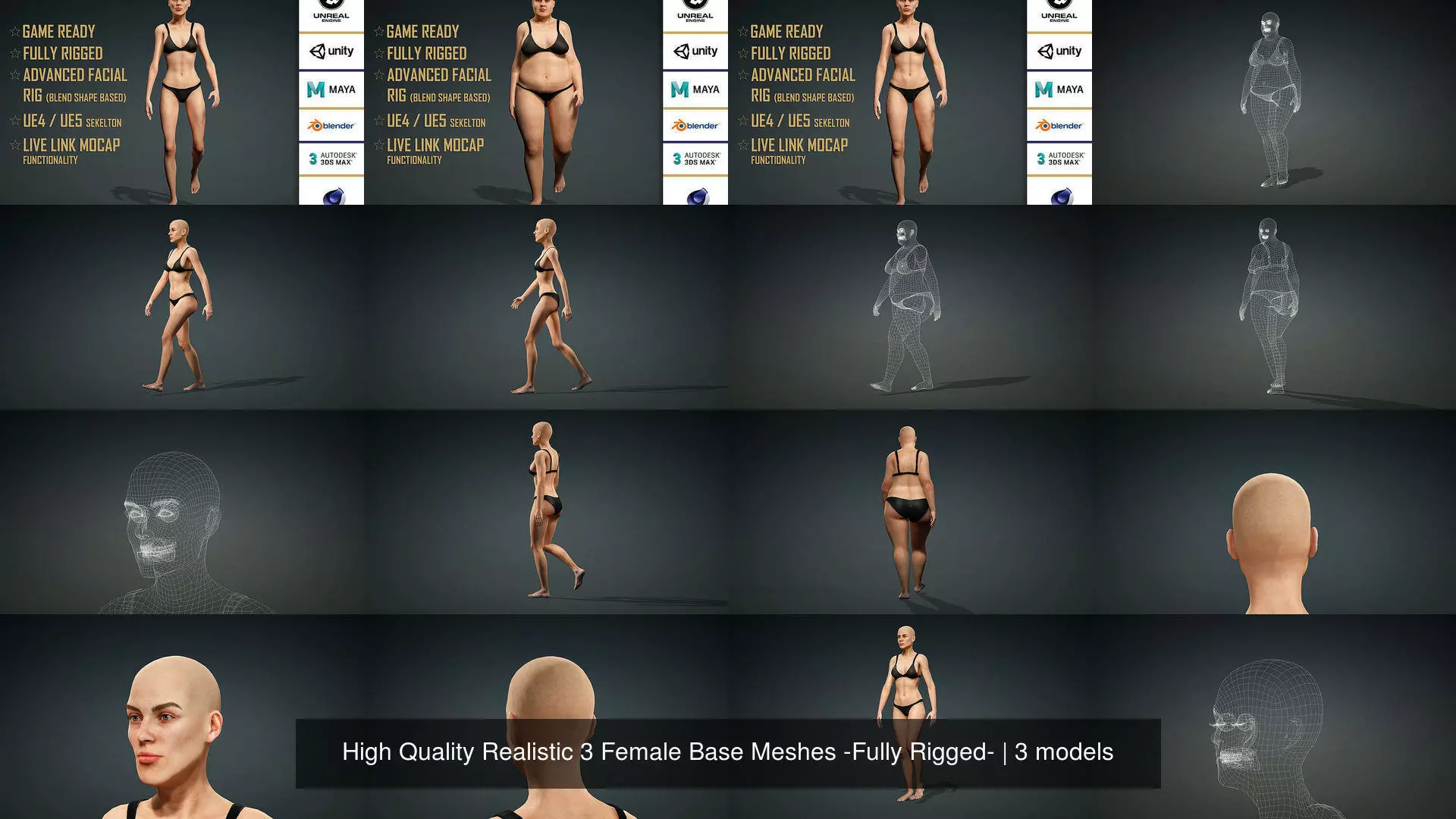 High Quality Realistic 3 Female Base Meshes -Fully Rigged- 3D Model Collection_2