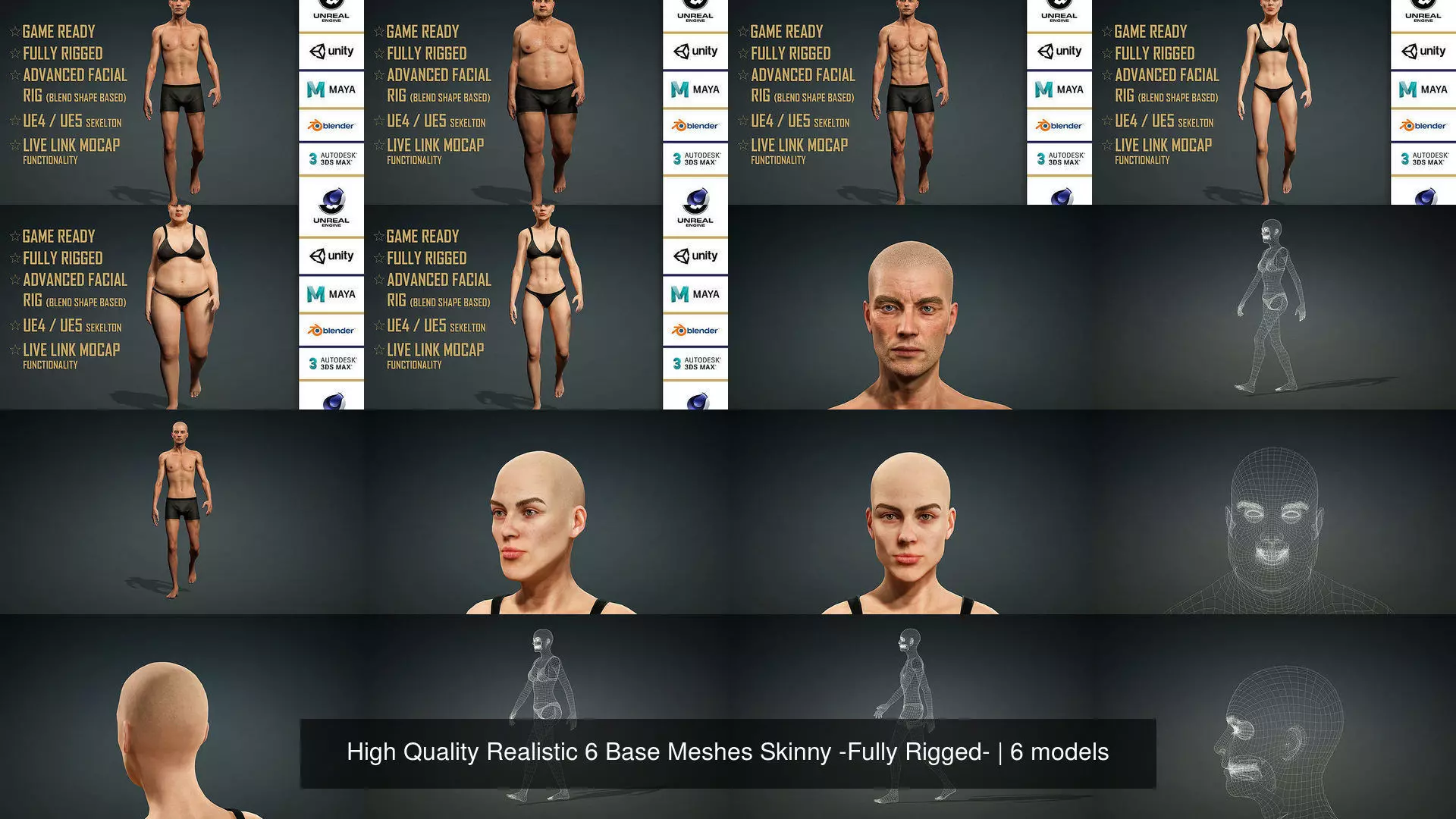 High Quality Realistic 6 Base Meshes Skinny -Fully Rigged- 3D Model Collection_2