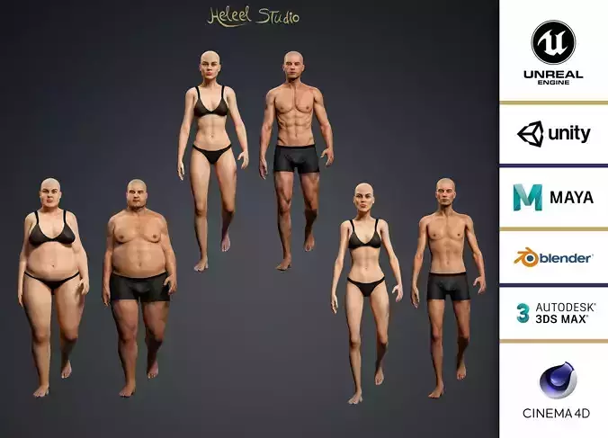 High Quality Realistic 6 Base Meshes Skinny -Fully Rigged- 3D Model Collection