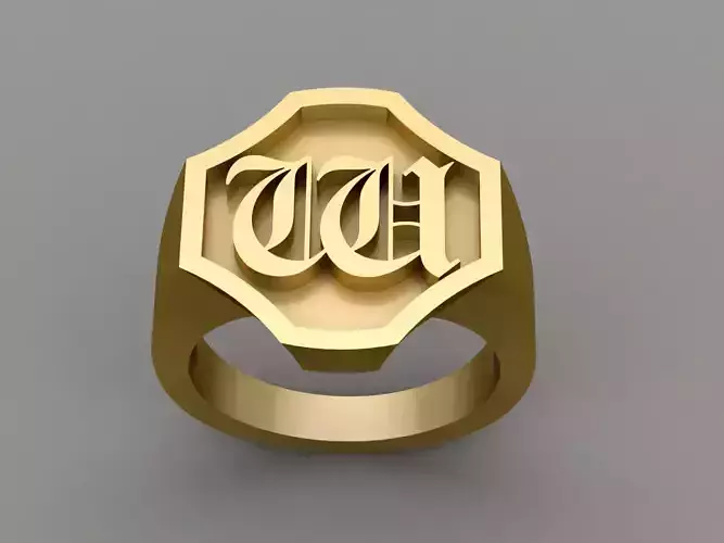 W Letter Solid Gold Signet Ring Monogram Men Ring 3D print model