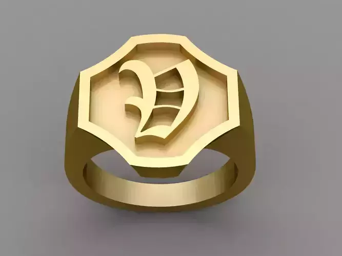V Letter Solid Gold Signet Ring Monogram Men Ring 3D print model