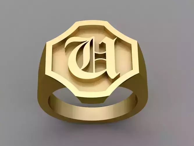 U Letter Solid Gold Signet Ring Monogram Men Ring 3D print model
