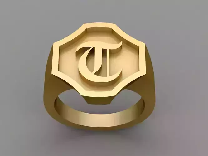 T Letter Solid Gold Signet Ring Monogram Men Ring 3D print model