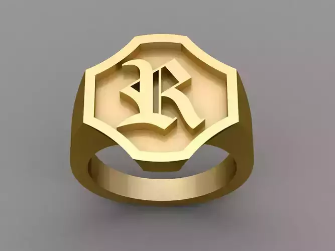 R Letter Solid Gold Signet Ring Monogram Men Ring 3D print model