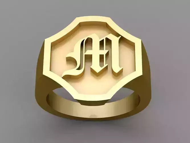 M Letter Solid Gold Signet Ring Monogram Men Ring 3D print model